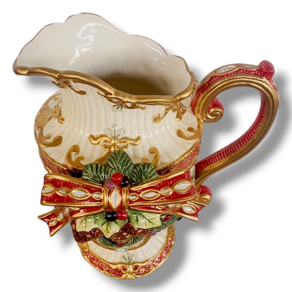 Fitz and Floyd Classic Christmas Pitcher with Bow Holly Bells Tassels Florentine - Picture 7 of 8